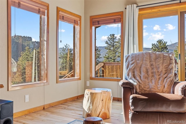 living area with a healthy amount of sunlight, baseboards, and wood finished floors