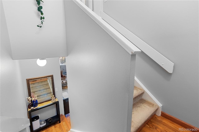 staircase with hardwood / wood-style floors