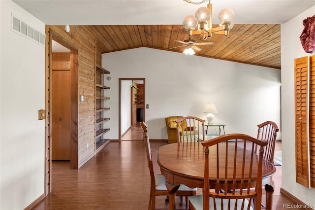 1908 Valley View Dr, Woodland Park, CO 80863 - dining area featuring ceiling fan, wood finished floors, a chandelier, vaulted ceiling, and wooden ceiling