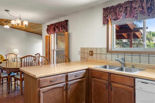 1908 Valley View Dr, Woodland Park, CO 80863 - kitchen with dishwasher, a peninsula, backsplash, light countertops, and a chandelier