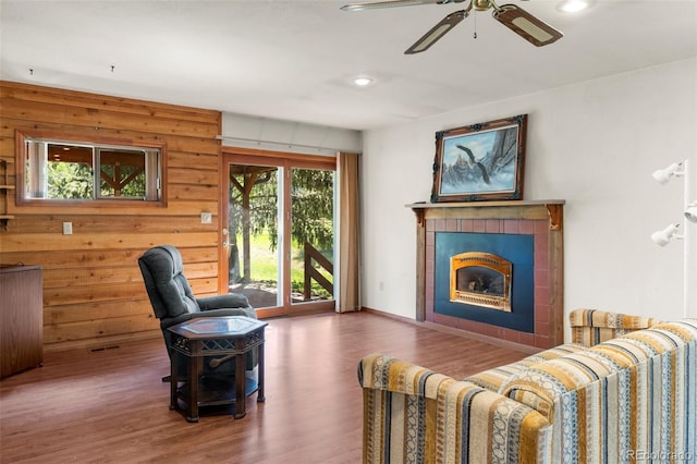 1908 Valley View Dr, Woodland Park, CO 80863 - living area with wood finished floors, recessed lighting, ceiling fan, and a fireplace