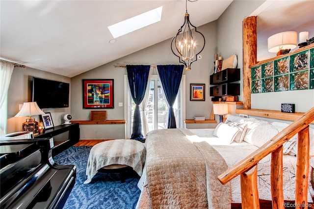 233 Perry Park Ave, Larkspur, CO 80118 - bedroom with a skylight, a chandelier, vaulted ceiling, and access to exterior
