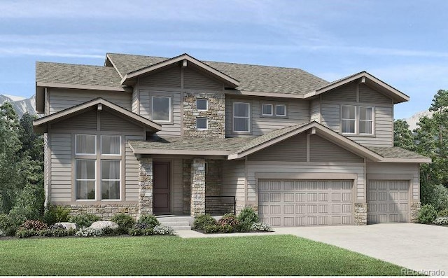 craftsman-style home featuring an attached garage, stone siding, concrete driveway, and a front yard