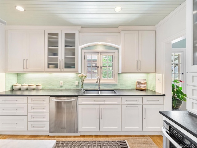 kitchen with dishwasher, sink, tasteful backsplash, and white cabinetry