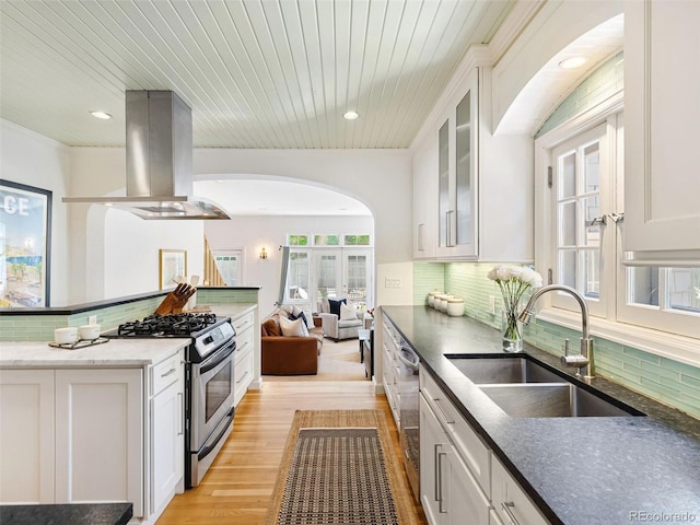 kitchen with sink, white cabinets, island range hood, stainless steel appliances, and backsplash