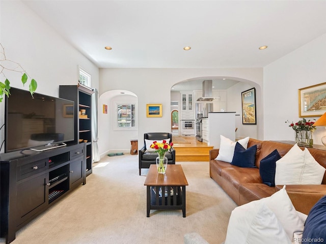 living room with light carpet