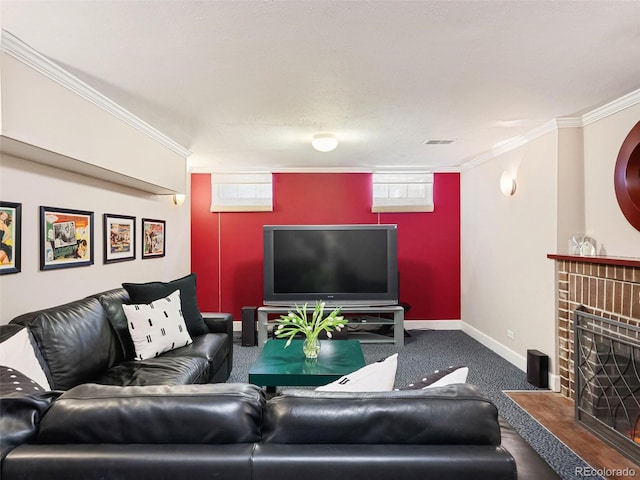 living room with a textured ceiling, carpet, a fireplace, and ornamental molding