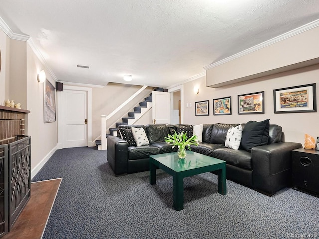 carpeted living room featuring a textured ceiling and crown molding