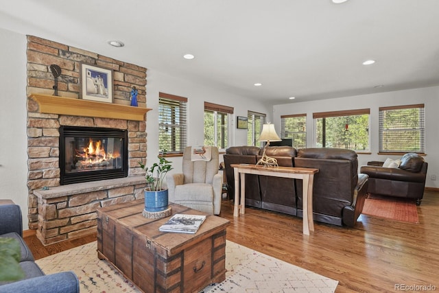 living room with wood finished floors, a fireplace, and recessed lighting