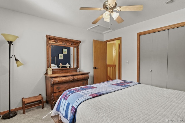 bedroom with carpet flooring, a closet, a ceiling fan, and baseboards