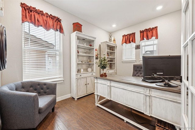 home office with a healthy amount of sunlight, baseboards, dark wood-style flooring, and recessed lighting