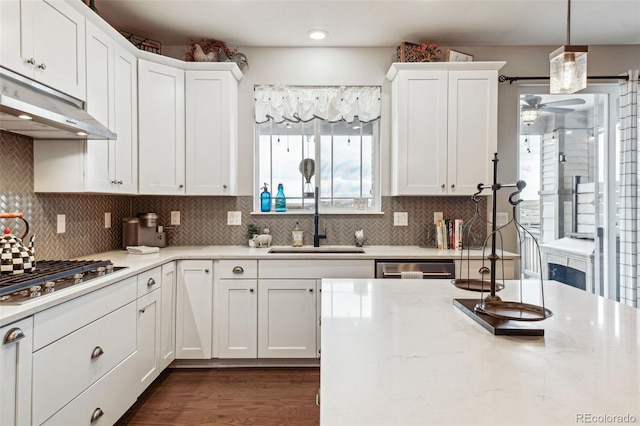 kitchen featuring dark wood-style floors, a sink, white cabinets, and under cabinet range hood