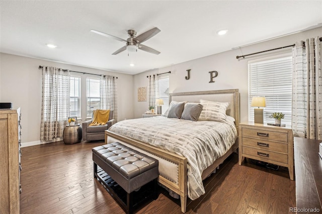 bedroom featuring ceiling fan, baseboards, dark wood-style flooring, and recessed lighting