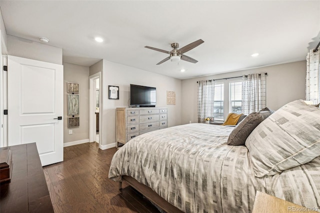 bedroom featuring dark wood-type flooring, recessed lighting, baseboards, and a ceiling fan