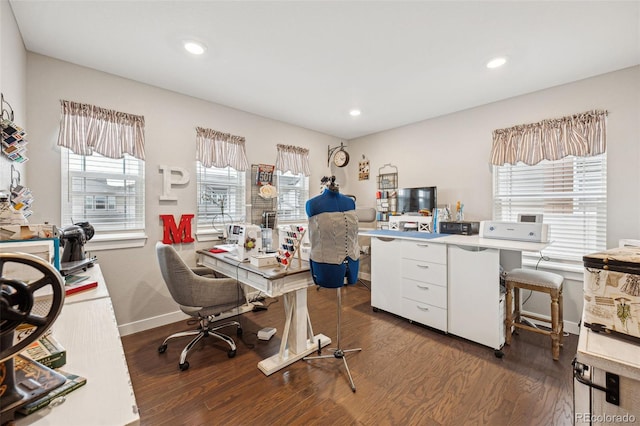 office space with recessed lighting, wood finished floors, and baseboards