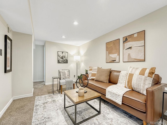 732 Poplar St, Denver, CO 80220 - living area featuring light carpet, baseboards, and recessed lighting