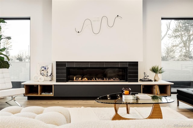 living room featuring wood-type flooring and a tiled fireplace