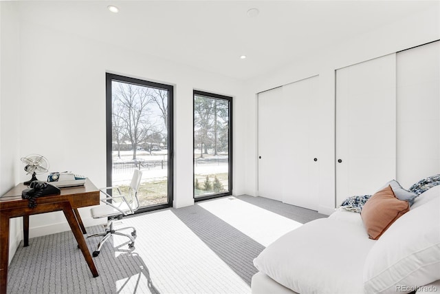 carpeted bedroom featuring access to exterior and two closets