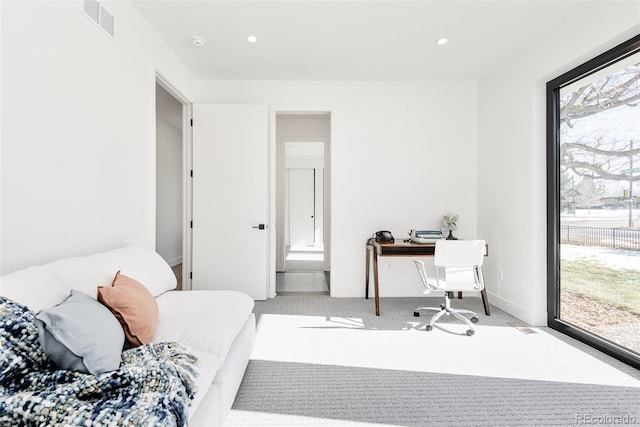 bedroom featuring access to exterior and light colored carpet