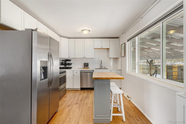 2514 E Bijou St, Colorado Springs, CO 80909 - kitchen featuring stainless steel appliances, butcher block counters, a sink, a kitchen breakfast bar, and backsplash