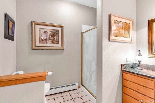 31 Black Fawn Ln, Westcliffe, CO 81252 - full bath with tile patterned flooring, vanity, a baseboard heating unit, toilet, and a stall shower
