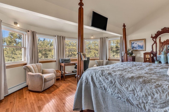 31 Black Fawn Ln, Westcliffe, CO 81252 - bedroom featuring light wood finished floors, multiple windows, vaulted ceiling, and a baseboard radiator