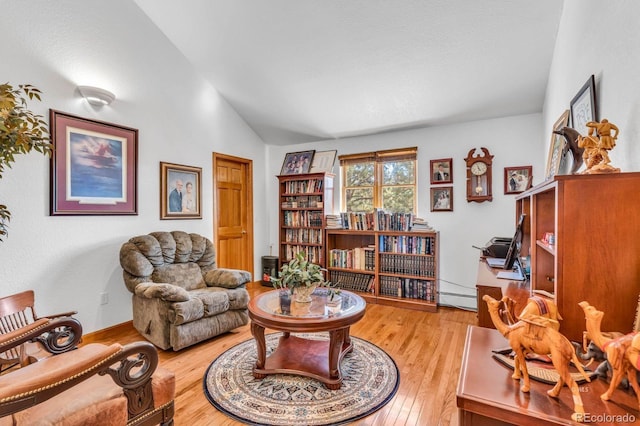 31 Black Fawn Ln, Westcliffe, CO 81252 - living area featuring a baseboard radiator, lofted ceiling, and light wood-style flooring