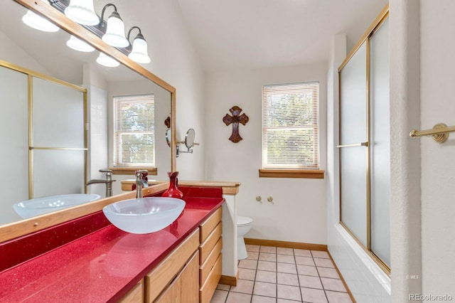 31 Black Fawn Ln, Westcliffe, CO 81252 - full bath featuring vaulted ceiling, toilet, vanity, an enclosed shower, and tile patterned flooring