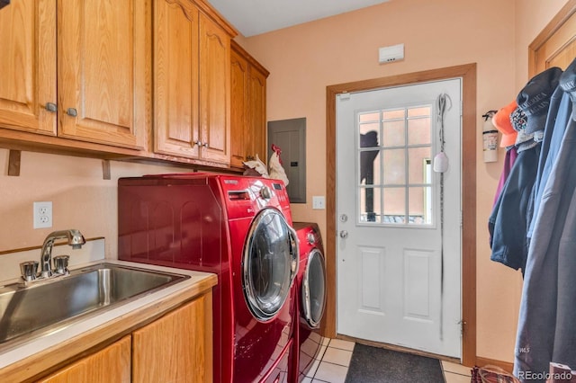 31 Black Fawn Ln, Westcliffe, CO 81252 - laundry room featuring independent washer and dryer, electric panel, a sink, cabinet space, and light tile patterned floors