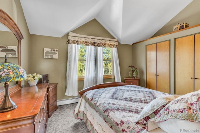 31 Black Fawn Ln, Westcliffe, CO 81252 - bedroom featuring carpet flooring, multiple closets, vaulted ceiling, and a baseboard heating unit