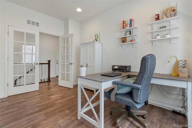 home office featuring wood-type flooring and french doors