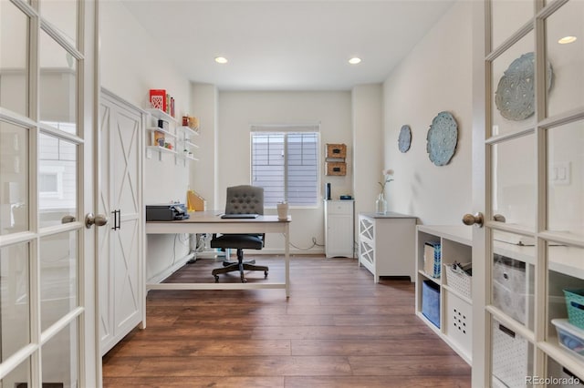 office featuring dark wood-type flooring, recessed lighting, and french doors