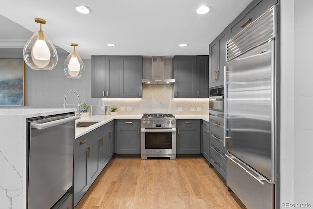 1590 Little Raven St Unit 408, Denver, CO 80202 - kitchen with premium appliances, light wood finished floors, wall chimney range hood, tasteful backsplash, and gray cabinets