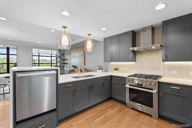 1590 Little Raven St Unit 408, Denver, CO 80202 - kitchen featuring light countertops, a sink, stainless steel appliances, gray cabinets, and wall chimney range hood