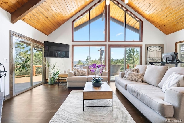 2976 Hiwan Dr, Evergreen, CO 80439 - living room featuring wood ceiling, dark wood-type flooring, high vaulted ceiling, healthy amount of natural light, and beamed ceiling