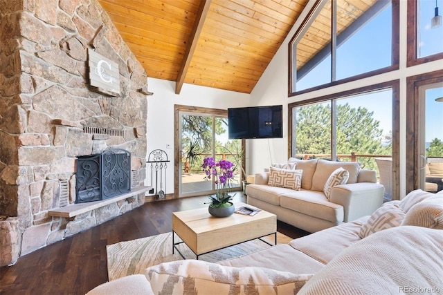 2976 Hiwan Dr, Evergreen, CO 80439 - living area featuring wooden ceiling, high vaulted ceiling, beamed ceiling, wood-type flooring, and a fireplace