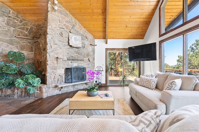 2976 Hiwan Dr, Evergreen, CO 80439 - living area with wooden ceiling, wood finished floors, a fireplace, high vaulted ceiling, and beam ceiling