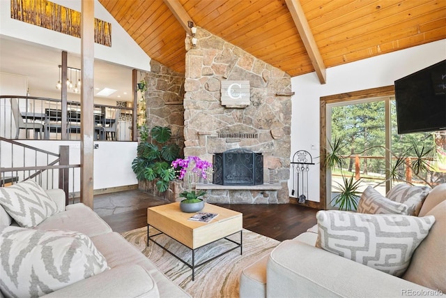 2976 Hiwan Dr, Evergreen, CO 80439 - living area featuring wooden ceiling, beam ceiling, a fireplace, wood finished floors, and high vaulted ceiling