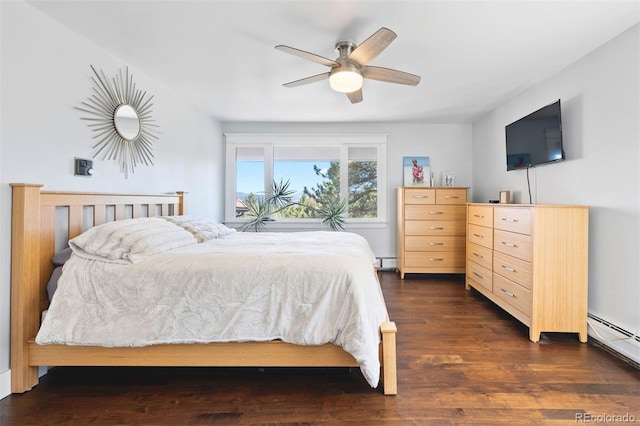 2976 Hiwan Dr, Evergreen, CO 80439 - bedroom featuring dark wood-style floors, a baseboard heating unit, and a ceiling fan