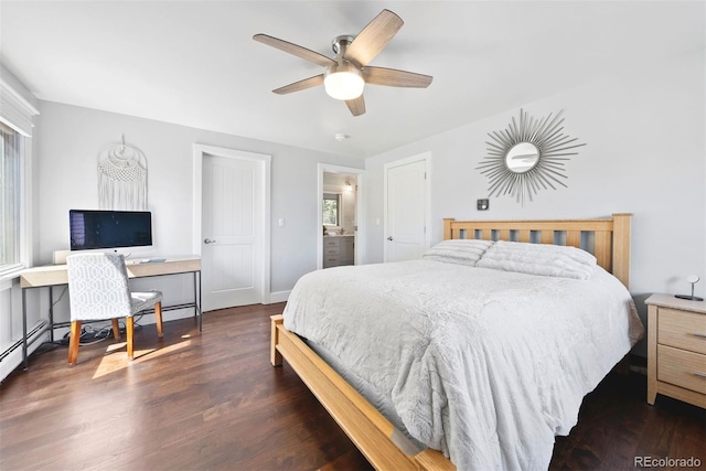 2976 Hiwan Dr, Evergreen, CO 80439 - bedroom featuring dark wood-style floors, ceiling fan, an office area, and baseboards