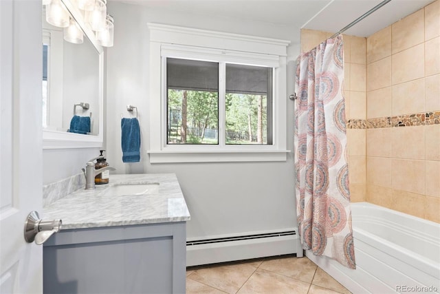 2976 Hiwan Dr, Evergreen, CO 80439 - full bath with a baseboard heating unit, tile patterned flooring, vanity, and shower / tub combo with curtain