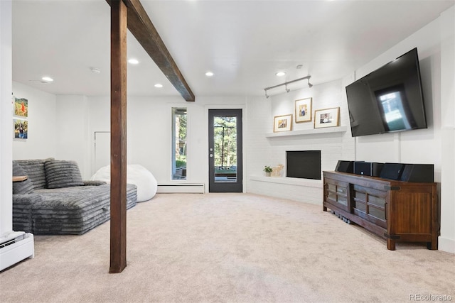 2976 Hiwan Dr, Evergreen, CO 80439 - carpeted living area featuring baseboard heating, a baseboard heating unit, recessed lighting, a brick fireplace, and beamed ceiling