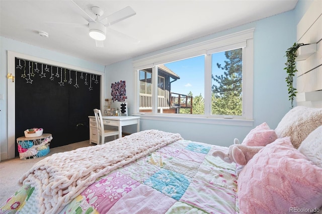 2976 Hiwan Dr, Evergreen, CO 80439 - bedroom with carpet flooring and a ceiling fan