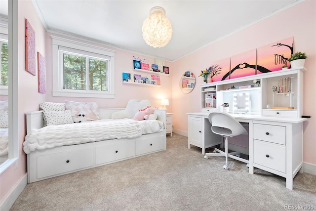 2976 Hiwan Dr, Evergreen, CO 80439 - bedroom with crown molding, light colored carpet, a desk, and baseboards