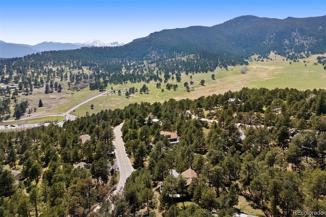 2976 Hiwan Dr, Evergreen, CO 80439 - aerial overview of property's location with a mountainous background and a forest