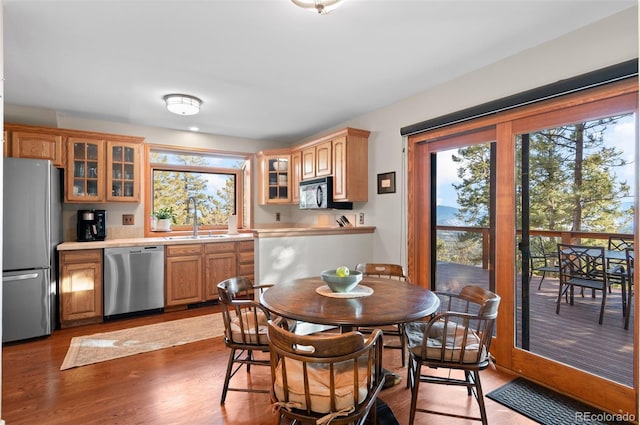 kitchen featuring glass insert cabinets, wood finished floors, stainless steel appliances, light countertops, and a sink