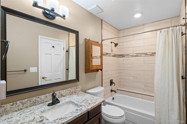 full bathroom with shower / bathtub combination with curtain, visible vents, vanity, and toilet