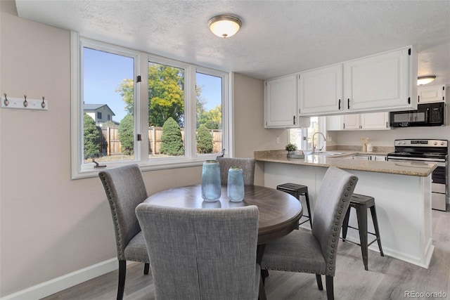 dining space featuring light hardwood / wood-style floors, sink, and a textured ceiling