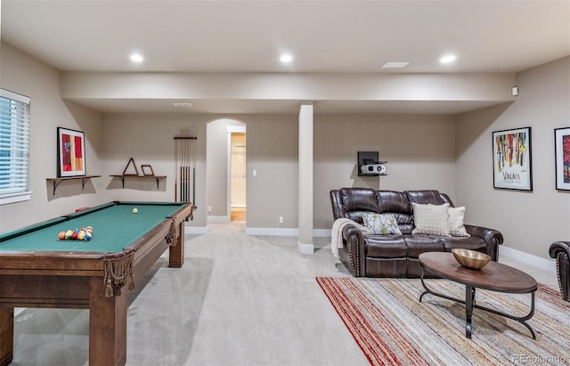 817 Uinta Way, Denver, CO 80230 - rec room with arched walkways, recessed lighting, baseboards, light colored carpet, and pool table