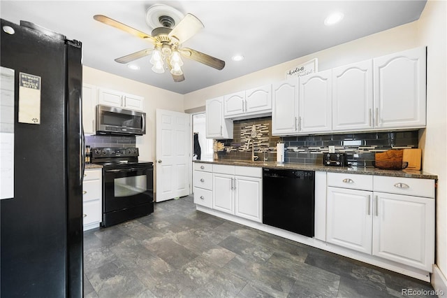 kitchen with a ceiling fan, backsplash, a sink, white cabinets, and black appliances